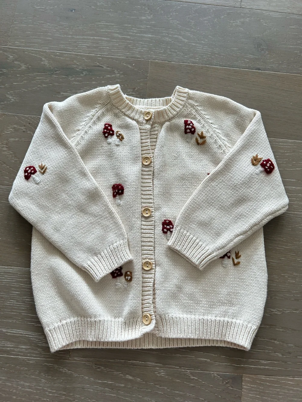 I+U Girls Cream Mushroom Embroidered Cardigan